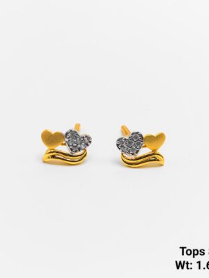 Twin Heart Wave Gold Ear Tops Stone Studded 1.66g
