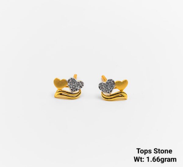 Twin Heart Wave Gold Ear Tops Stone Studded 1.66g