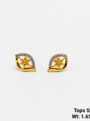 Eye shaped fancy gold ear studs for girls college wear stone studded