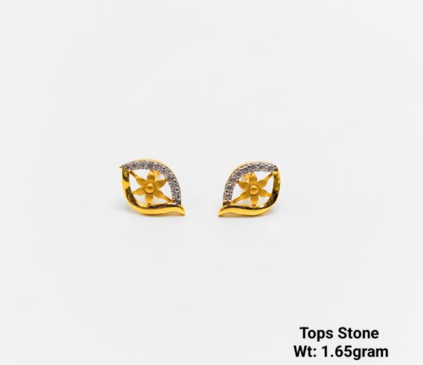 Eye shaped fancy gold ear studs for girls college wear stone studded