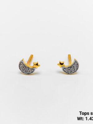 1.42g Lightweight Gold Moon and Star Studs with Sparkling Cubic Zirconia