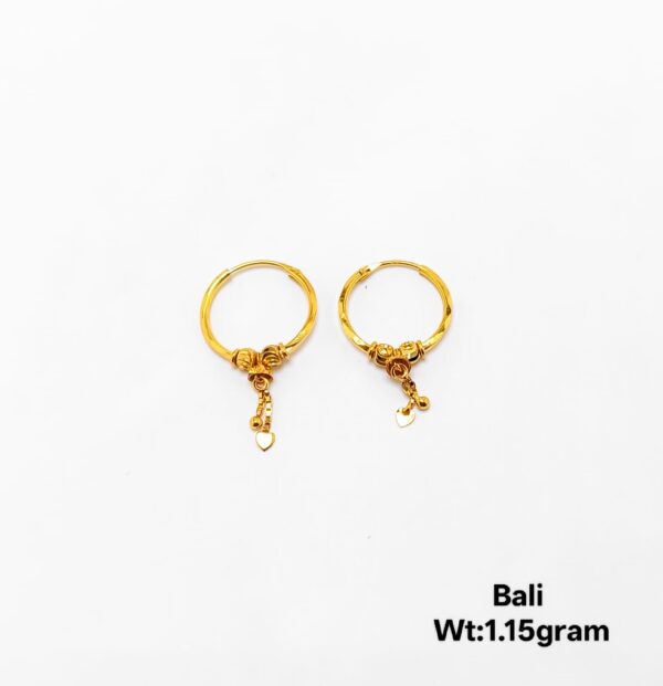 22k Gold Bali Hoop Earrings with Heart Charm - 1.15g