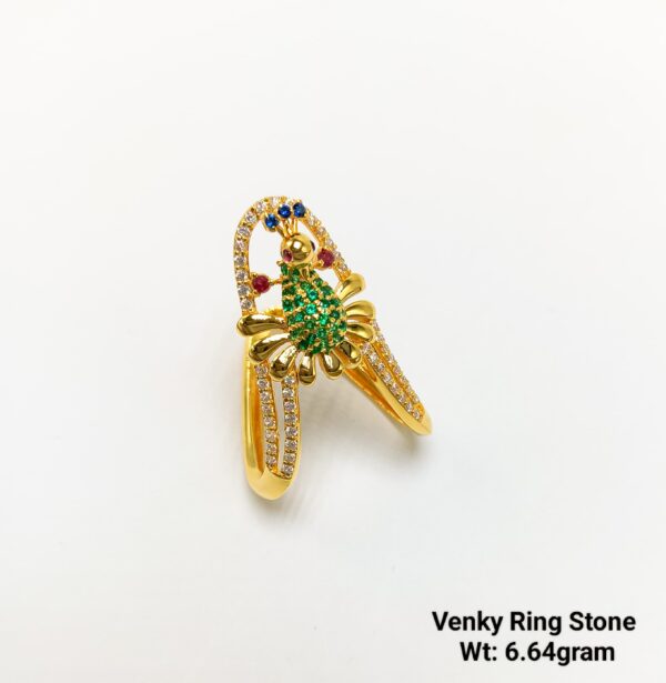 Traditional Indian Peacock Motif Venky Gold Ring with Precious Stones