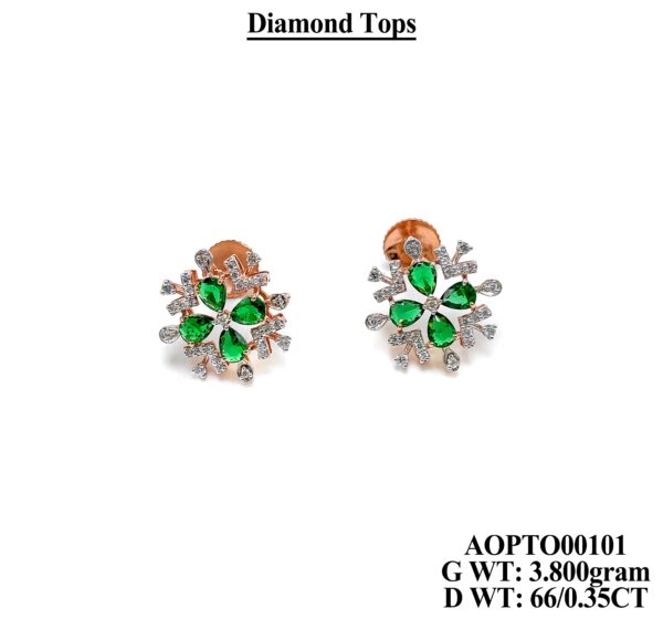0.35 CT Sparkling Diamond and Green Emerald Floral Tops in 3.8g Gold