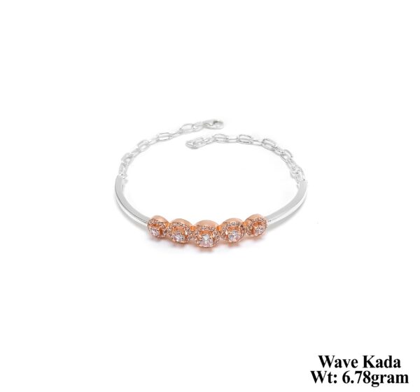 Elegant Two-Tone Silver Wave Kada with Rose Gold Charms - 6.78g
