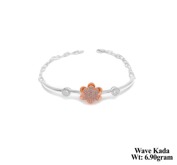 Elegant Two-Tone Silver Wave Kada with Rose Gold Flower Charms - 7.38g