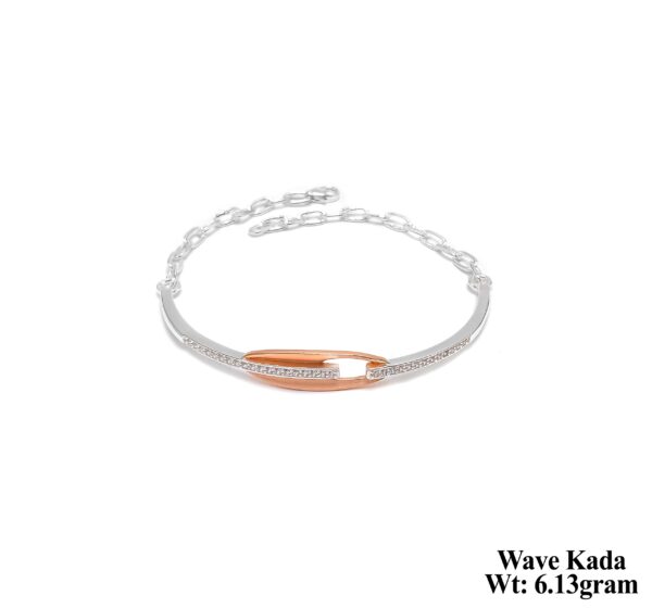 Elegant Two-Tone Silver Wave Kada with Rose Gold Flower Charms - 6.13g
