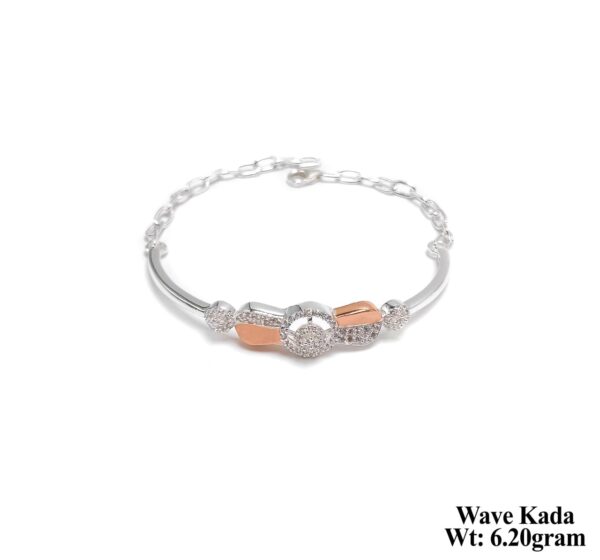 Elegant Two-Tone Silver Wave Kada with Rose Gold Flower Charms - 6.20g