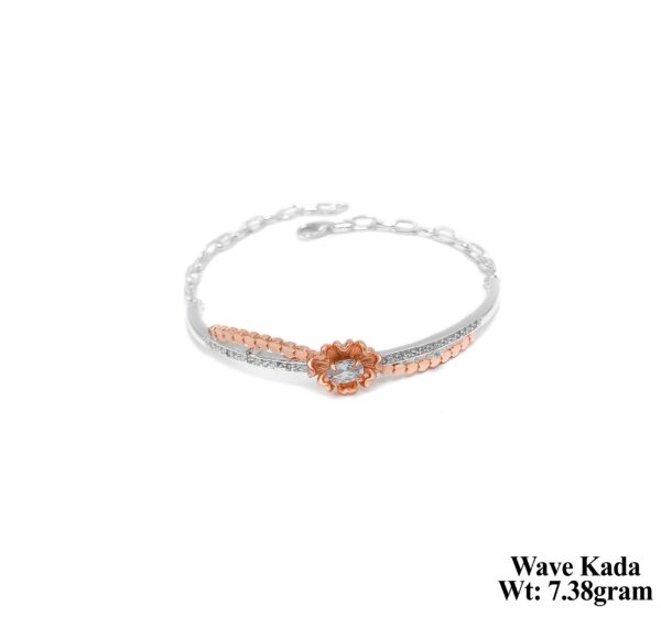 Elegant Two-Tone Silver Wave Kada with Rose Gold Flower Charms - 7.38g