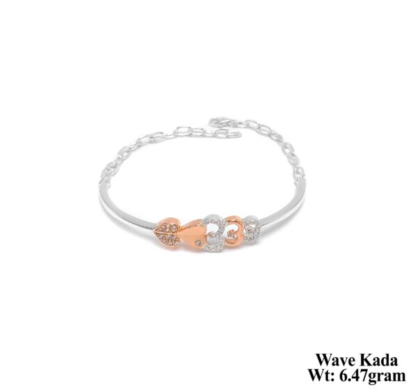 Stone-Studded Wave Pattern Silver Kada with Rose Gold Highlights