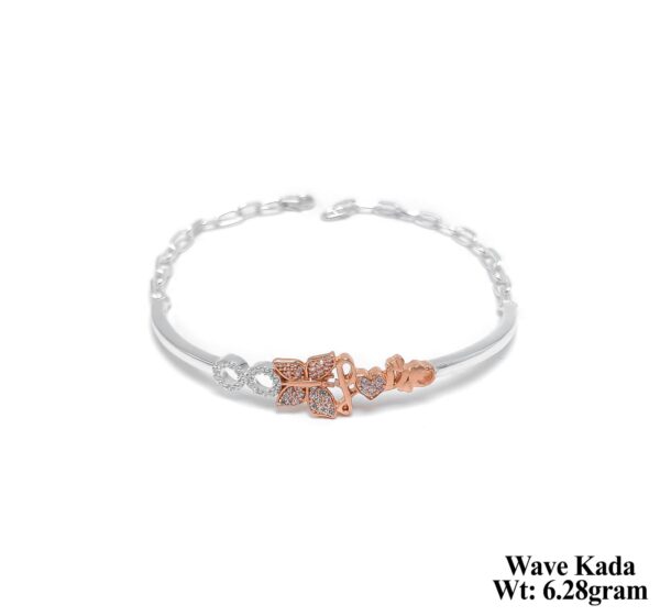 Stone-Studded Wave Pattern Silver Kada with Rose Gold Highlights