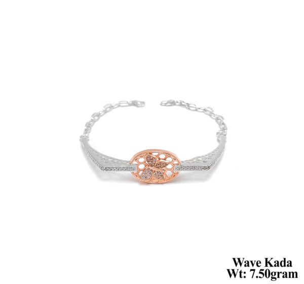 Stone-Studded Wave Pattern Silver Kada with Rose Gold Highlights