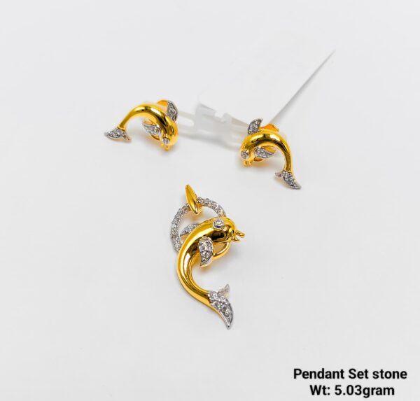 22KT Yellow Gold Stone Dolphin Pendant and Earring Set - 5.03g Luxury Jewelry